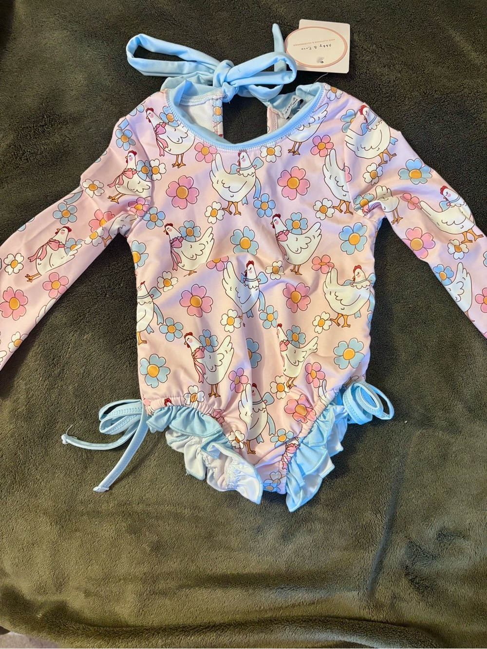 Abby & Evie Girls Pink Chicken & Flower Long Sleeve One-Piece Swimsuit